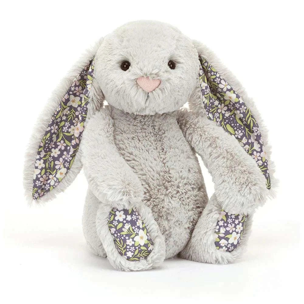 Jellycat Blossom Silver Bunny "Bloom" Medium plush toy with silver fur and soft features, perfect for cuddling.